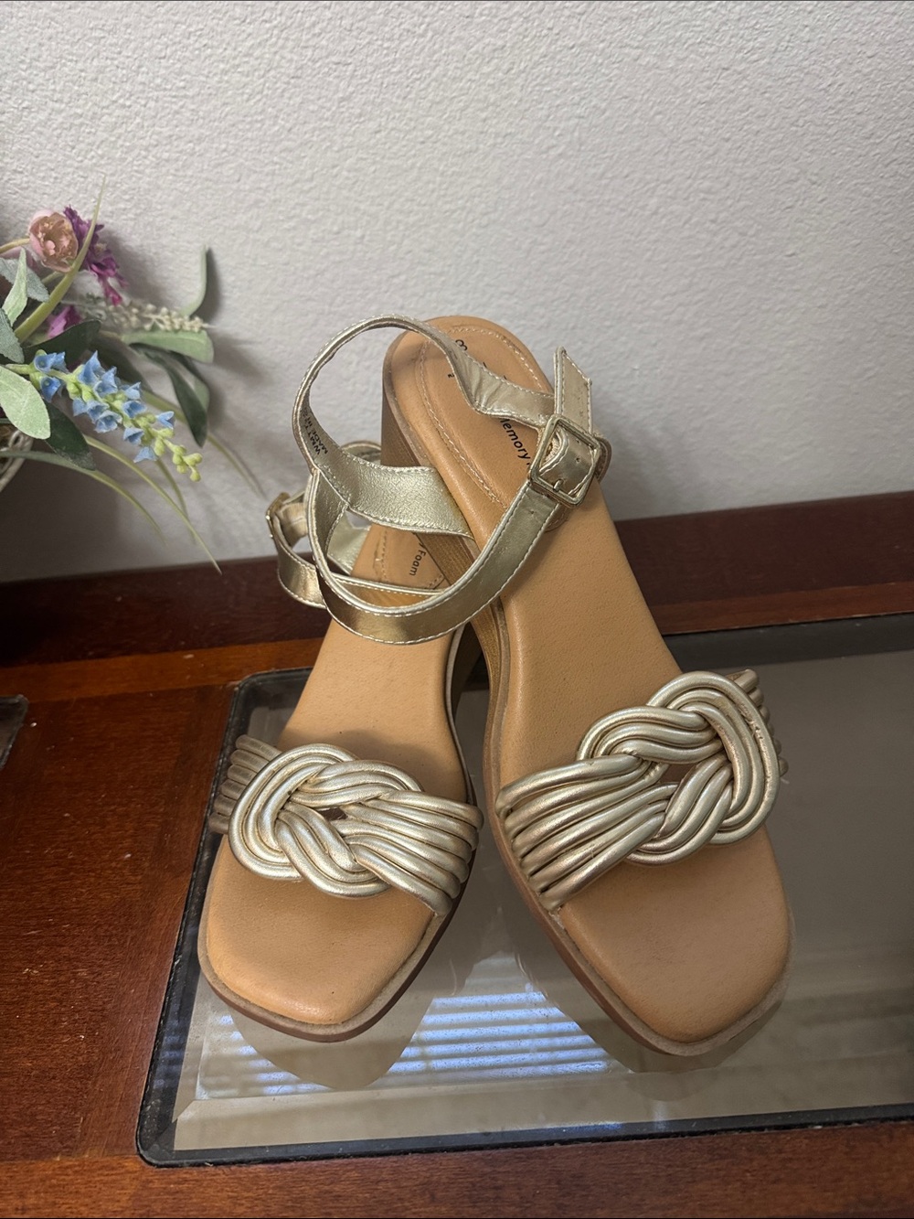 Time and Tru Metallic Gold Knot Wedge Sandals